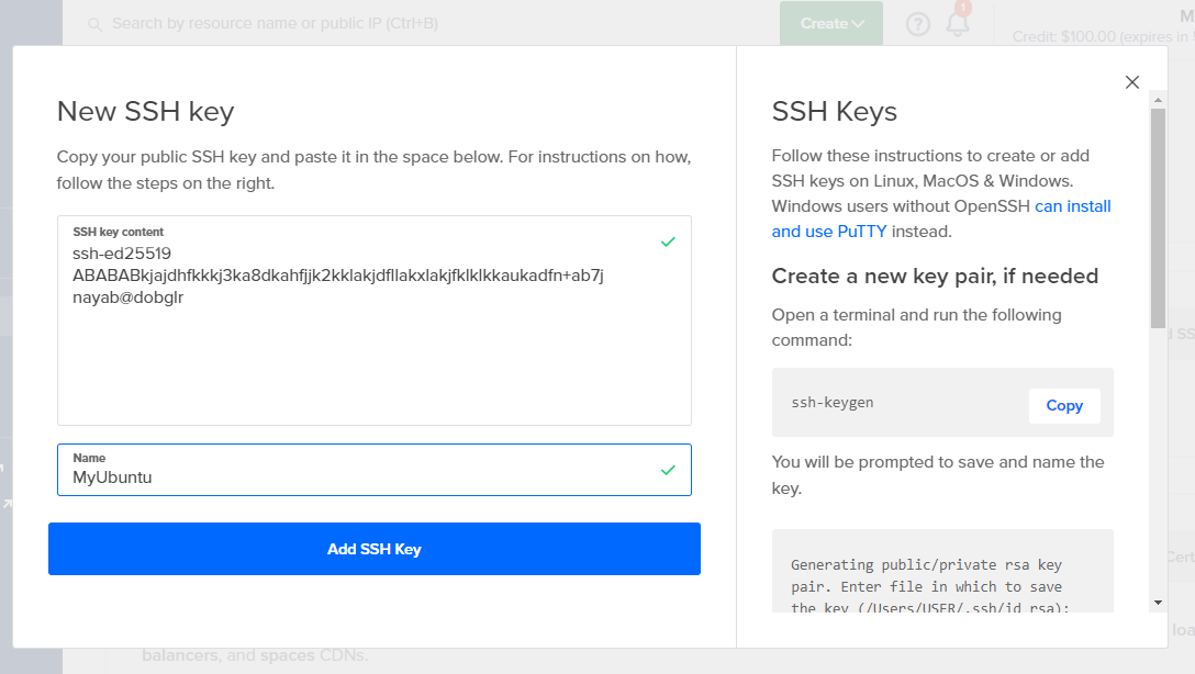 Upload SSH key to Digitalocean